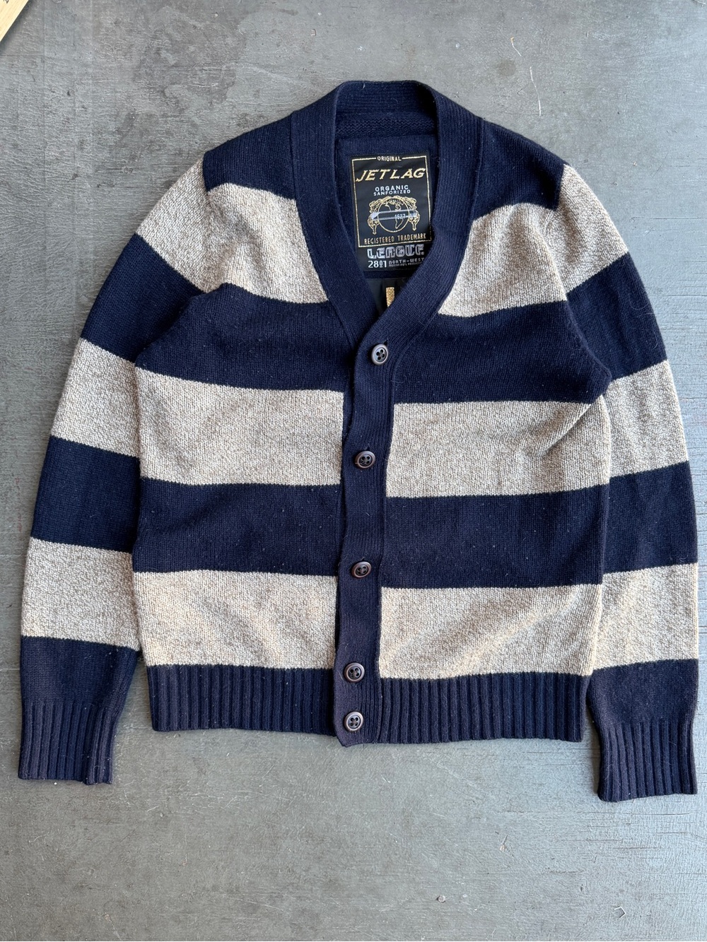 Striped Navy and Gray Men’s Wool Cardigan Sweater